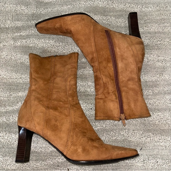 Enzo Angiolini Y2K Tan Suede Square Toe High Heel Ankle Boots Women’s Sz 7.5 M - Picture 1 of 12